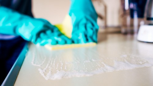Technician checking cleaning products and protective equipment